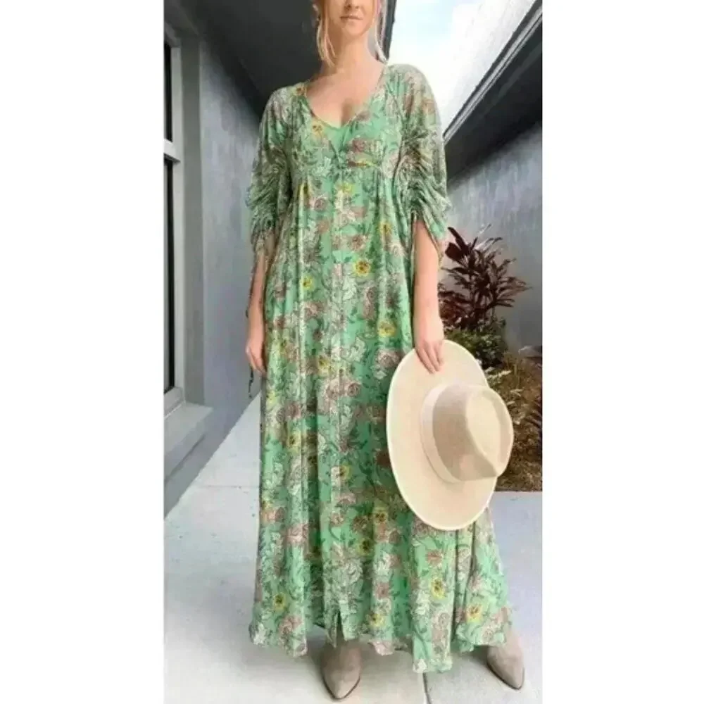 Free People Small Green Floral Boho Maxi Dress